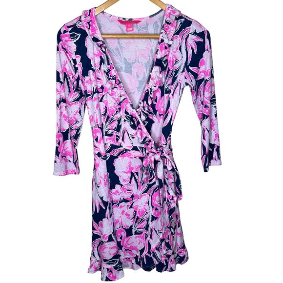 Lilly Pulitzer Jessalynne Romper XS Navy Flamingo Ruffle Wrap Summer Floral Pink - Picture 2 of 12